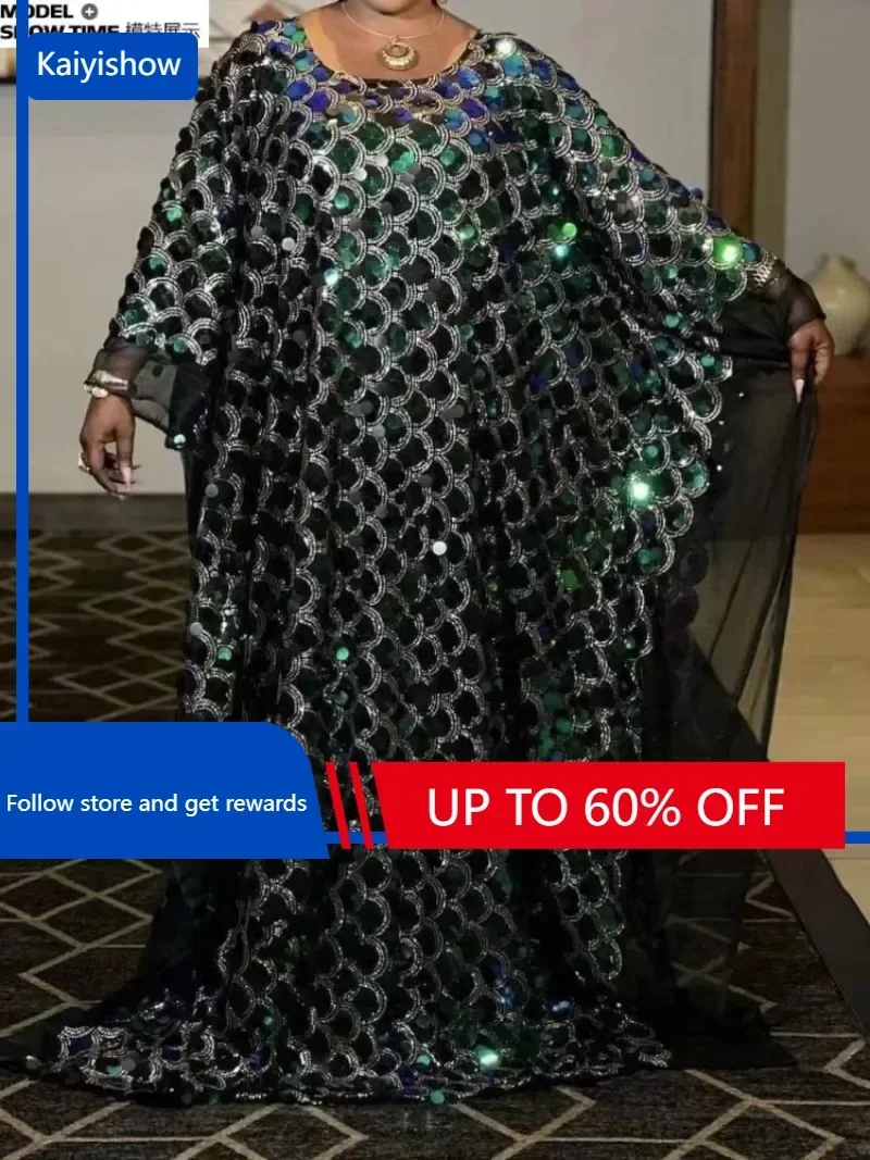 

Sequin African Plus Size Dresses for Women Spring Summer African Long Sleeve Round Neck Long Maxi Dress Gowns African Clothing