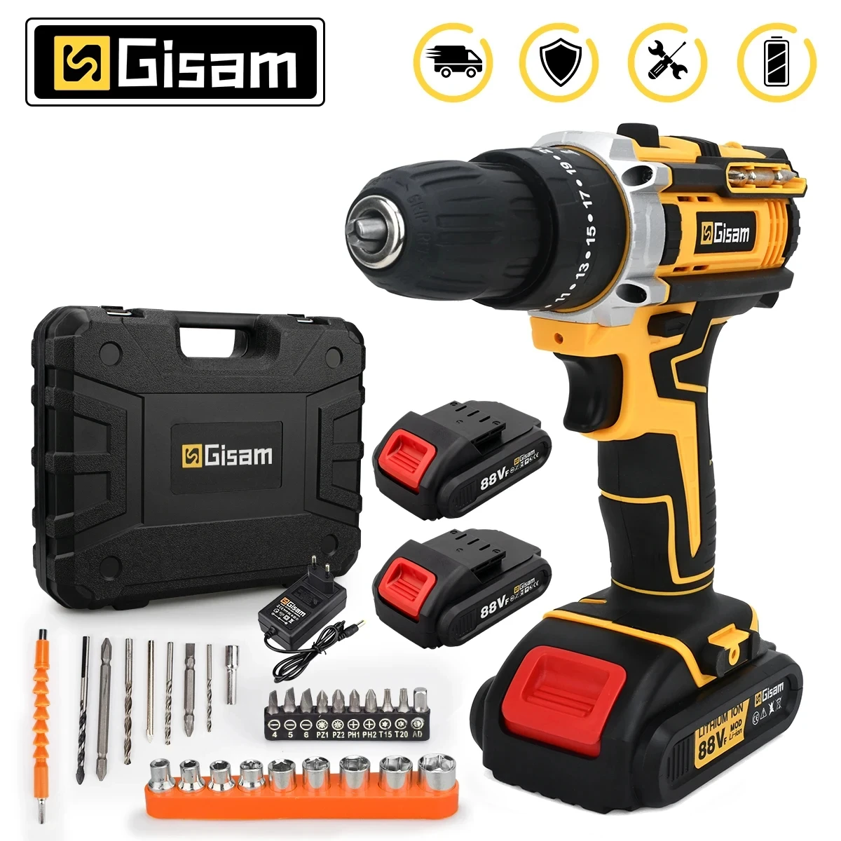 GISAM Electric Impact Screwdriver, 25+3 torque multifunctional cordless drill power tool with 2 gear speeds and 2 batteries