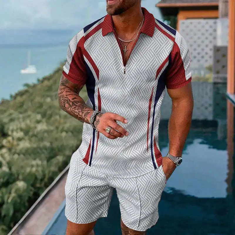 

Summer Fashion Tracksuit Zipper Polo Shirt 2 Piece Sets for Men Oversized Business Casual Suit Printed Outfits Men Clothing