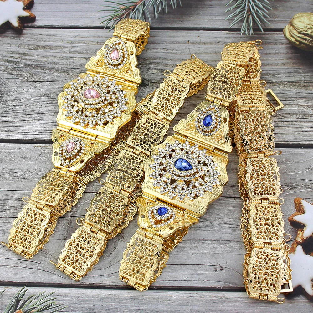 Sunspicems-Cinturón de caftán marroquí elegante para mujer, cadena de cintura árabe de Color dorado, cinturón de cristal para novia, joyería de boda, cadena corporal