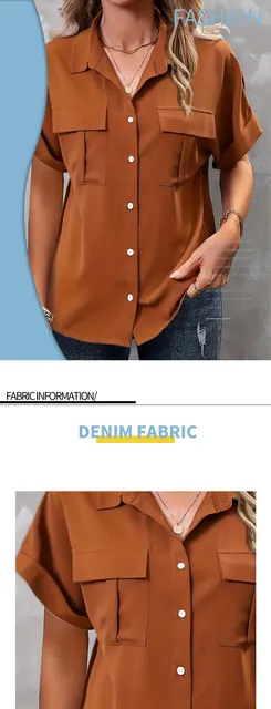 Camicetta Donna In Cotone Oversize | Scollo A V, Maniche Corte, Bottoni | Tinta Unita Elegante - Foto 3