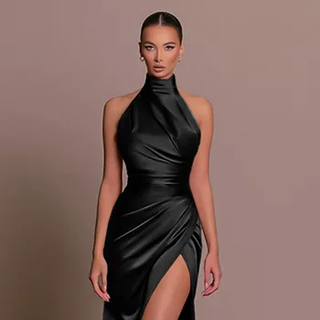Women Dress Elegant Long Dresses Party Night Dress Women Dresses Woman Female Stand Collar Hanging Neck Sexy Slim Fit Slit 1