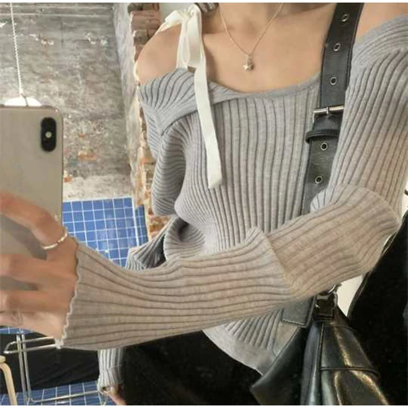 S76505af572134113be00e5766fb5762ei Fashion Knitted Pullover Women Street Vintage Lace-up Long Sleeve Female Sweater Spring All-match Slim Solid Lady Knitwear Mallzona