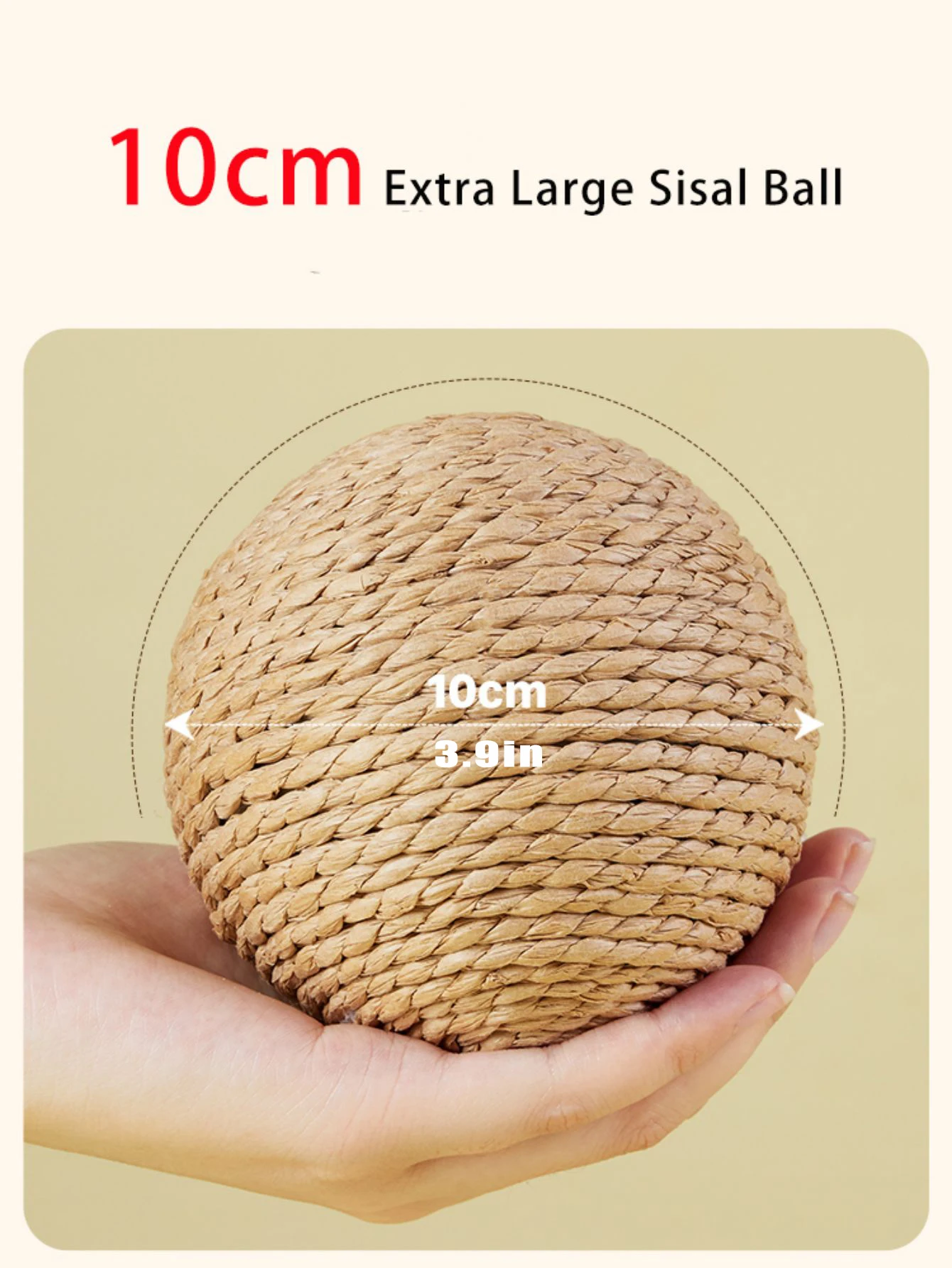 A hand holds a 10cm KittyNook Cat Co. Premium Sisal Kitten Scratching Ball with measurement text above and on it.