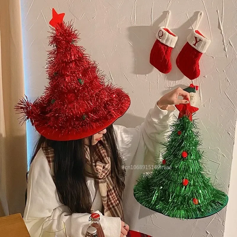 Christmas Tree Hats Fabric Rain Silk Hat for Adults Kids Funny Santa Hat with Tinsel Xmas Holiday Party Costume New Year Decor