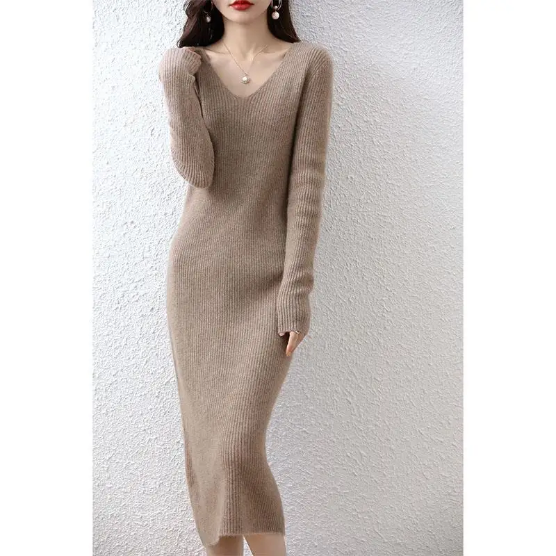 

Spring Autumn New V-neck Knitted Dress Women's Mid Length Slim Fit Pullover