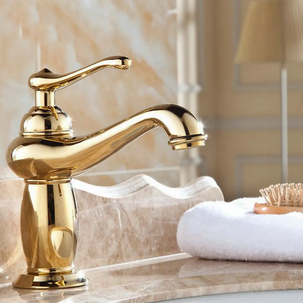 

Deck mounted Polished Gold finish bathroom Faucet basin mixer tap Hot and cold water tap Ngf043