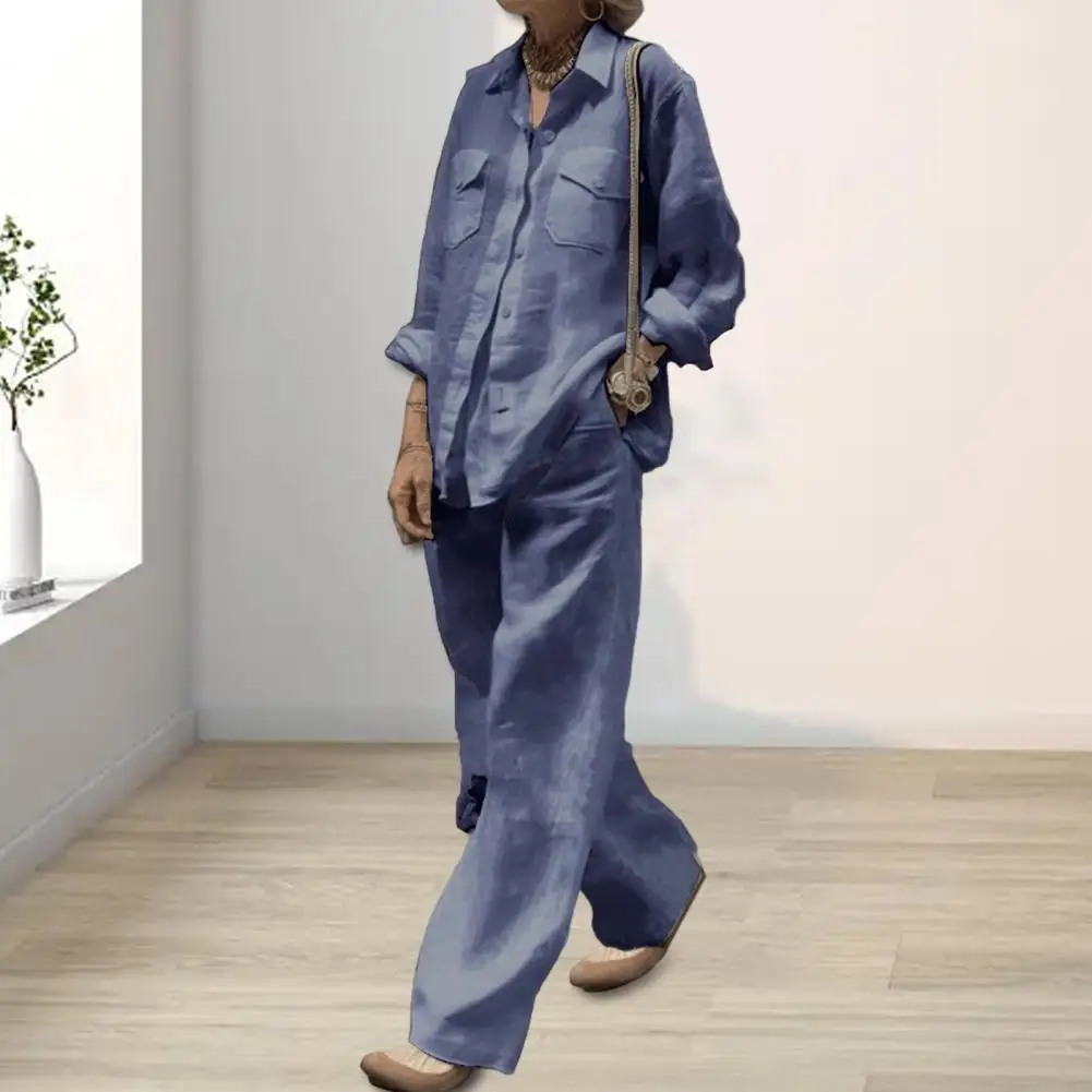 2 Pcs/Set Women Shirt Pants Set Long Sleeve Loose Solid Color Top Wide Leg Pockets Elastic Waist Trousers Casual Womens Outfits