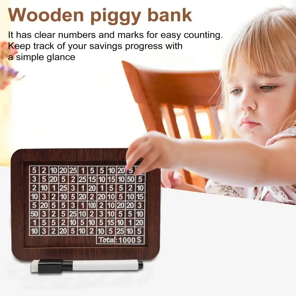 Piggy Bank Wooden Piggy Bank Coin Bank Wooden Money Box Cash Box Savings Tracker Box Cash Savings Box Vintage Wooden Money with Counter Marker Pen Piggy Bank for Coin Cash Saving Challenges