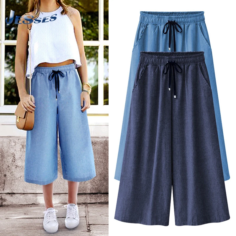 

Blue Solid Color High Waist Wide Leg Pants Summer Casual Trousers Women Loose Cropped Trousers 6XL Comfy Outdoor Pant
