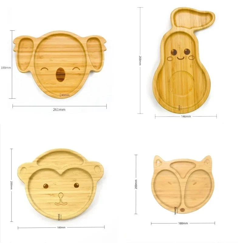 Eco-friendly Koala Avocado Fox Animal Bamboo Suction Cup Natural Bamboo Children's Plate Set Spoon Fork Cutlery baby tableware set