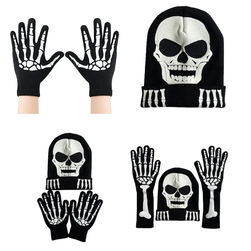 

Luminous Halloween Skeleton Claw Gloves Cosplay Dress Up Festival Party Glowing Hand Warmers Skull Head Hat