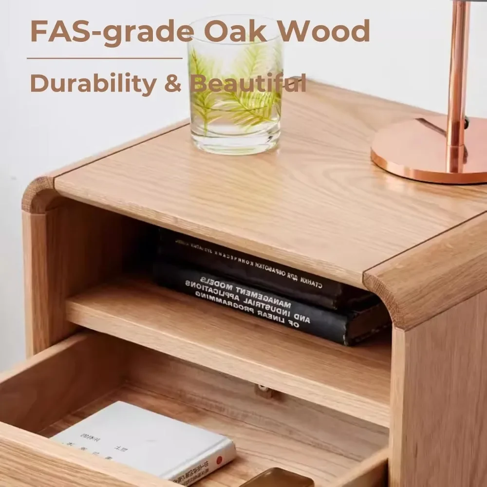 100% Solid Oak Wood Nightstand with Drawer & Storage Shelf - Practical Mid Century Modern Nightstand for Bedroom, Dormitory (Nat 4