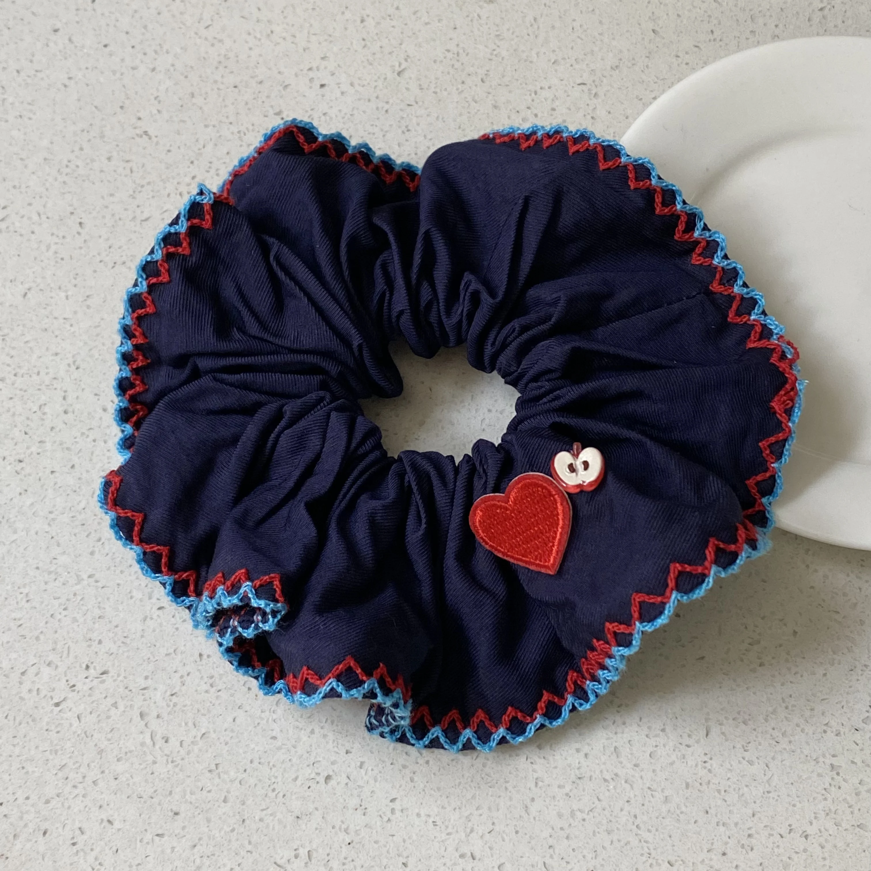1PC Navy Blue Scrunchie With Heart And Apple Patches, Cute Ruffled Hair Accessory For Women, Stylish Hair Tie For Daily Wear