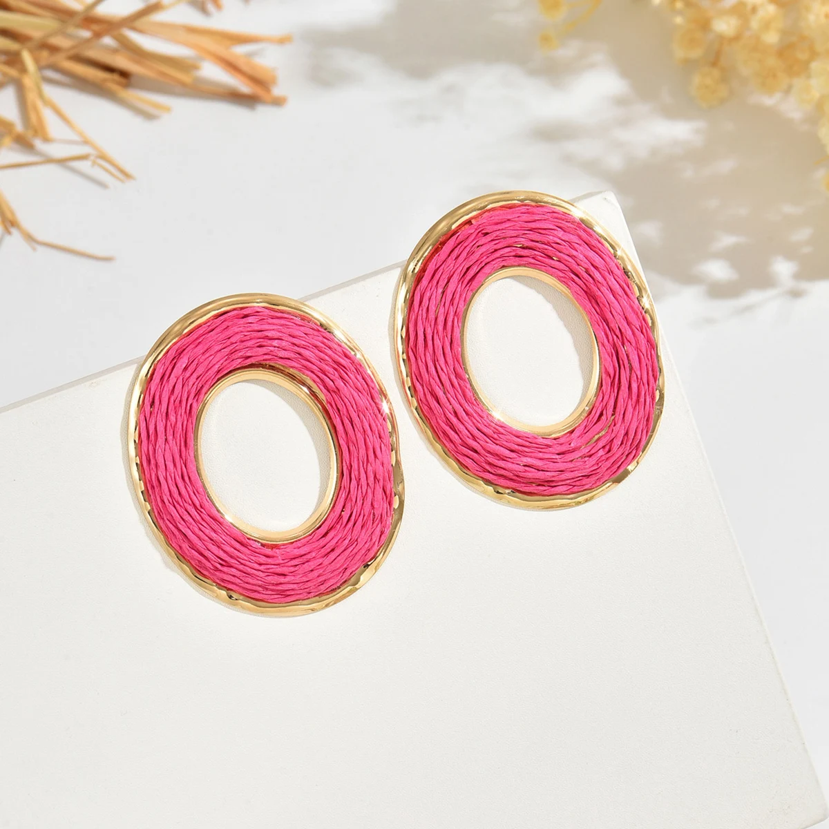 Boho Summer Multicolor Oval Rattan Knit Earrings for Women Girl Trendy Sweet Handmade Raffia Circle Big Earrings Fashion Jewelry