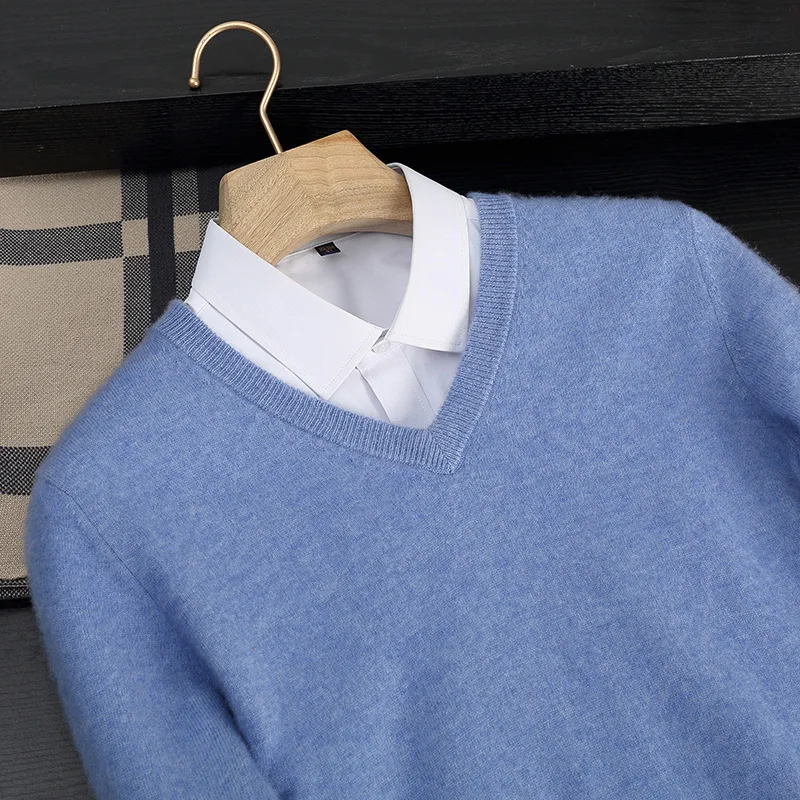 Autumn/Winter New Men's 100% Cashmere Pullover Business Casual Solid Knitted Sweater Loose V-neck Tops Basic Thick Warm Jumper - Image 4