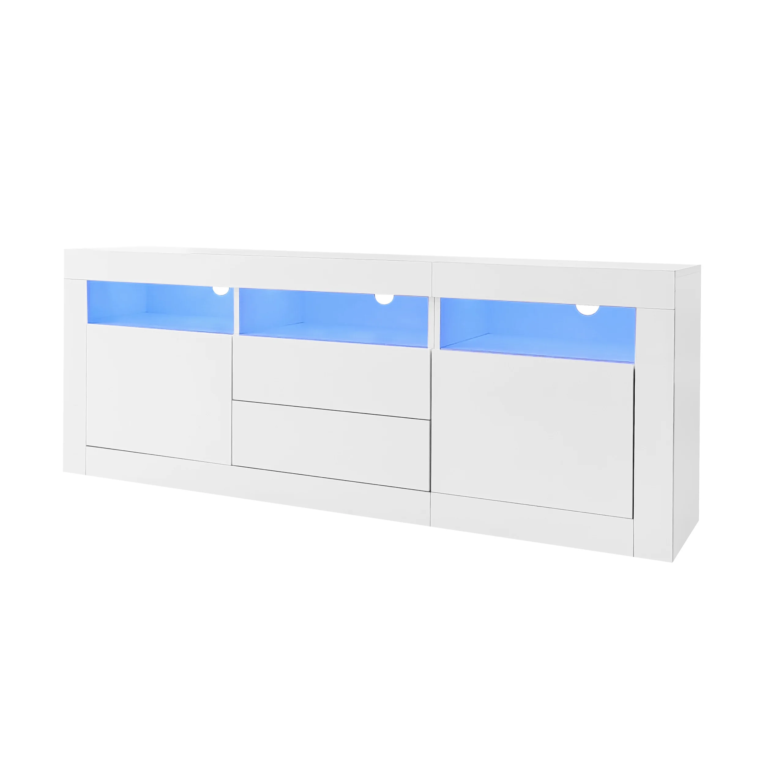 KOMHTOM Hochglanz-TV-Schrank- Mit LED-Beleuchtung, 3 offenen Fächern, 2 Türen und 2 Schubladen, für 70-Zoll-Fernseher – Detail 4