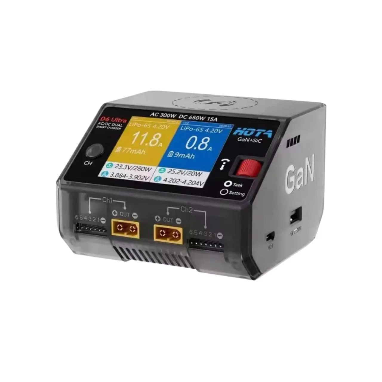Chargeur multiport 102W GaN USB C avec 6 ports, prise UK/EU/US, vue arrière avec les prises interchangeables.