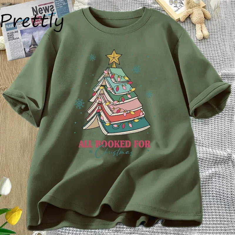 Book Tree Christmas T Shirt All Booked for Christmas T-shirt for Book Lover Librarian Teachers Tees Bookish Cotton Tshirt 4