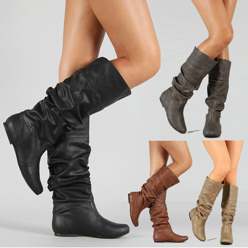 Botas de media caña de cuero para mujer, botines largos informales sin cordones, planos, a la moda, plisados, redonda, elegantes, color negro, Otoño Invierno - AliExpress Calzado