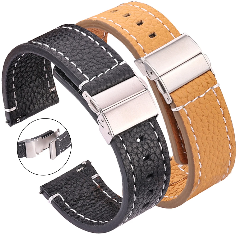 Elegant Soft Leather Watchband in Brown & Black with Deployment Clasp