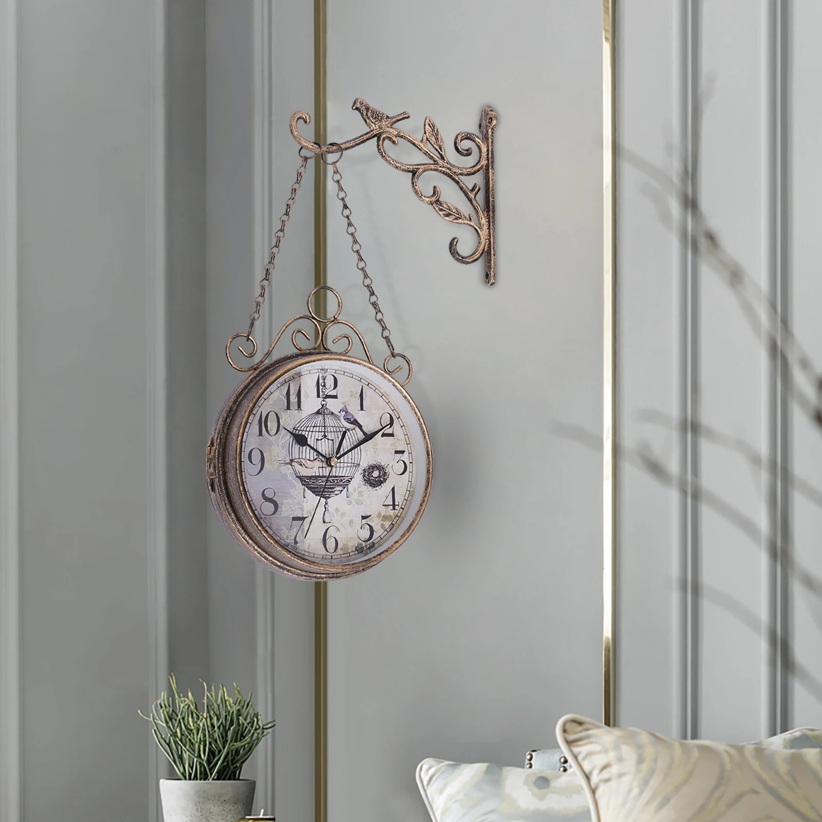 Rustic High Transparent Glass Metal Hanging Clock Digital Decorative Wall Clock Double Sided Wall Vintage Metal