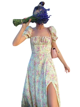 Elegant Women s Maxi Dress with Puff Sleeves Lace-Up Detail Floral Print and High Side Split for a Stylish Look 4