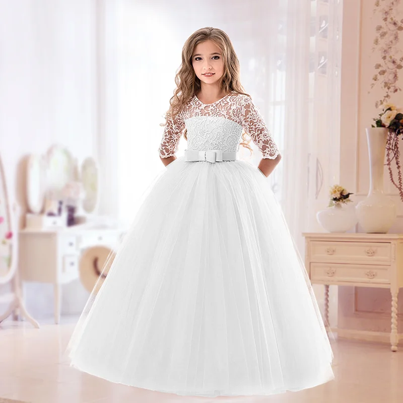 Girls Dress Princess Costume Flower Girl Wedding Banquet Lace Long Dress for Kids Elegant Puffy Lace Bow Birthday Party
