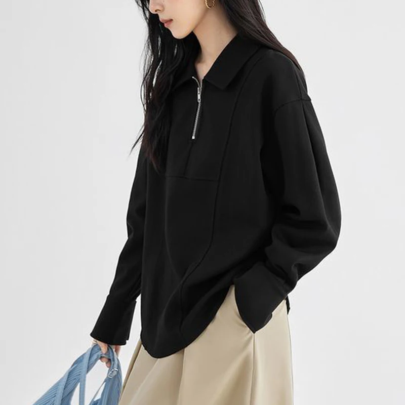 Spring Autumn Polo-neck Loose Casual Patchwork Sweatshirt Ladies Solid Color Simple Fashion All-match Zipper Pullover Top Women