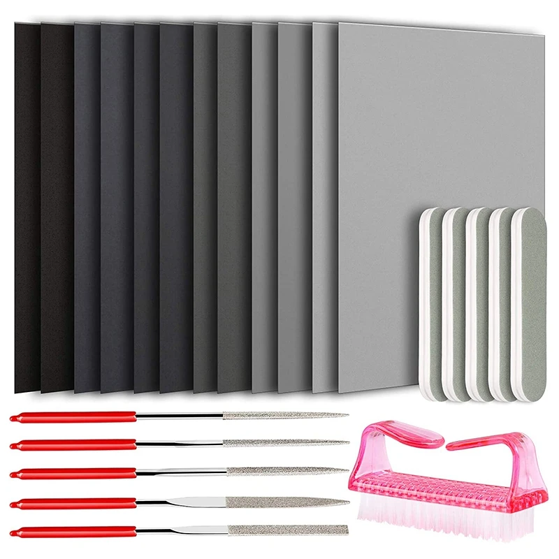 

Набор инструментов для полировки эпоксидной смолы, комплект из 23 предметов, 12 наждачных листов, 5 блоков для полировки, файлы 5 форм, 1 щетка