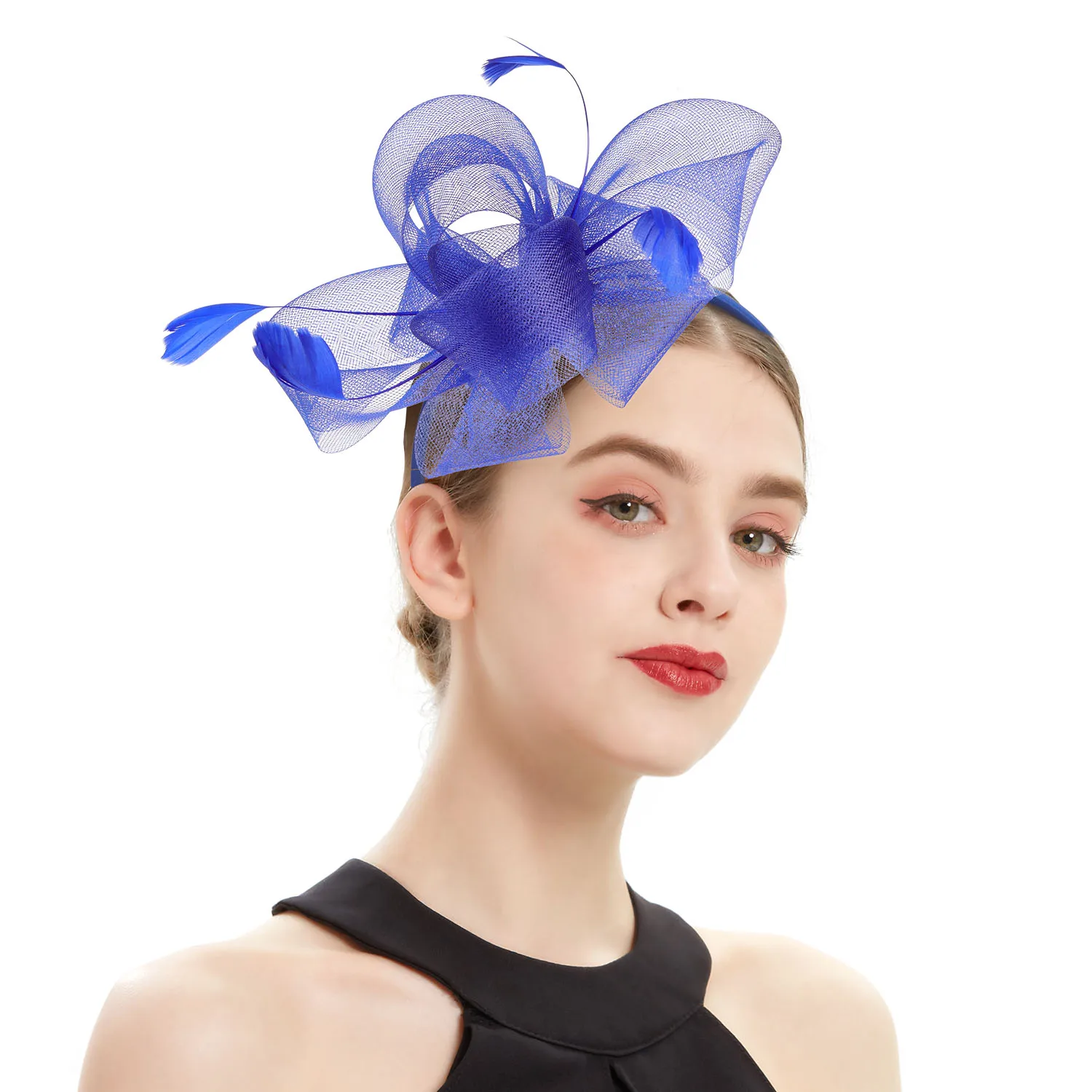 Bridal Fascinator Bow Hat with Headband and Clips Jockey Feathered Top Hat Wedding Cocktail Tea Party Headpiece for Women