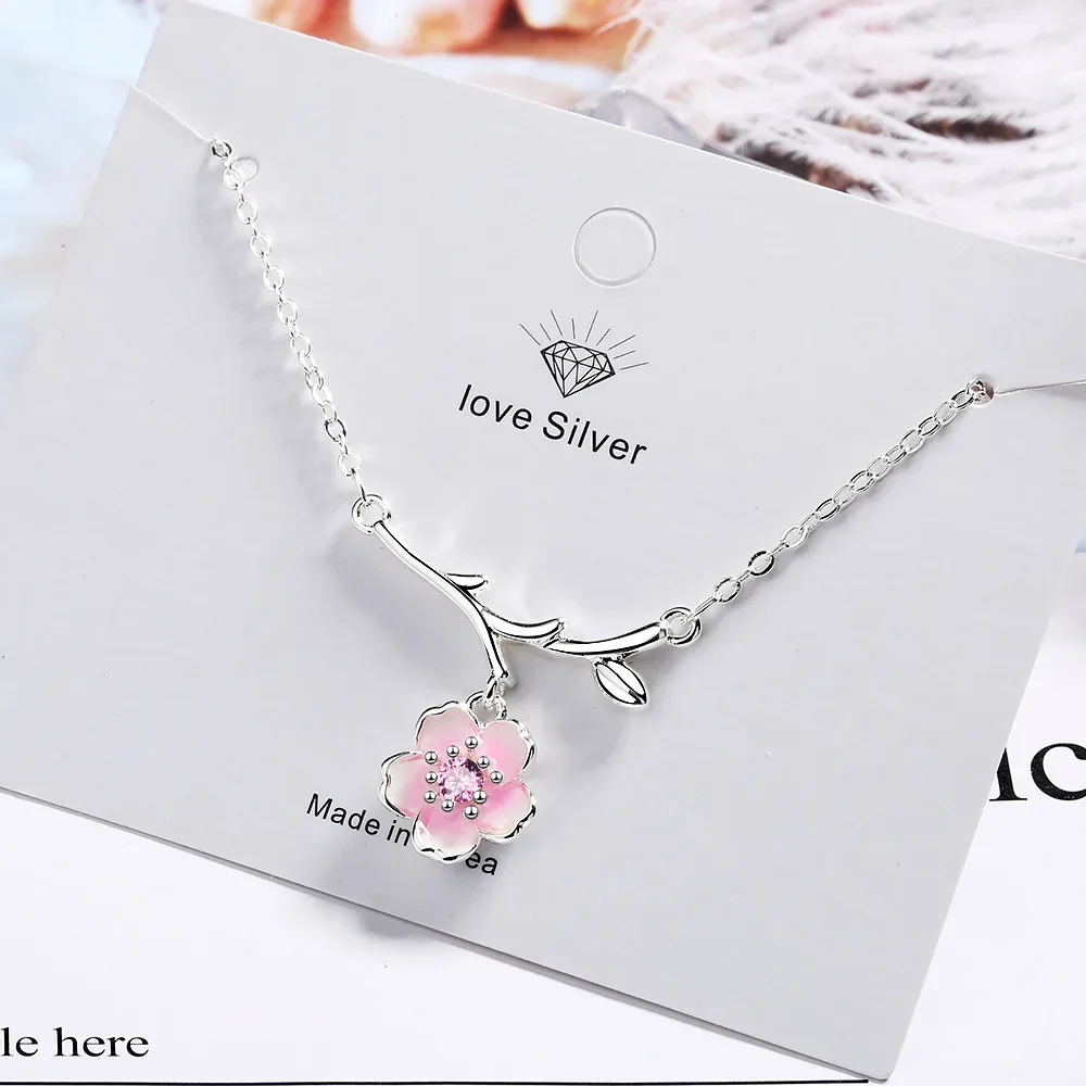 S925 Sterling Silver Women's Pink Cherry Blossom Branch Pendant Necklace (40cm+3.5cm) Luxury Jewelry