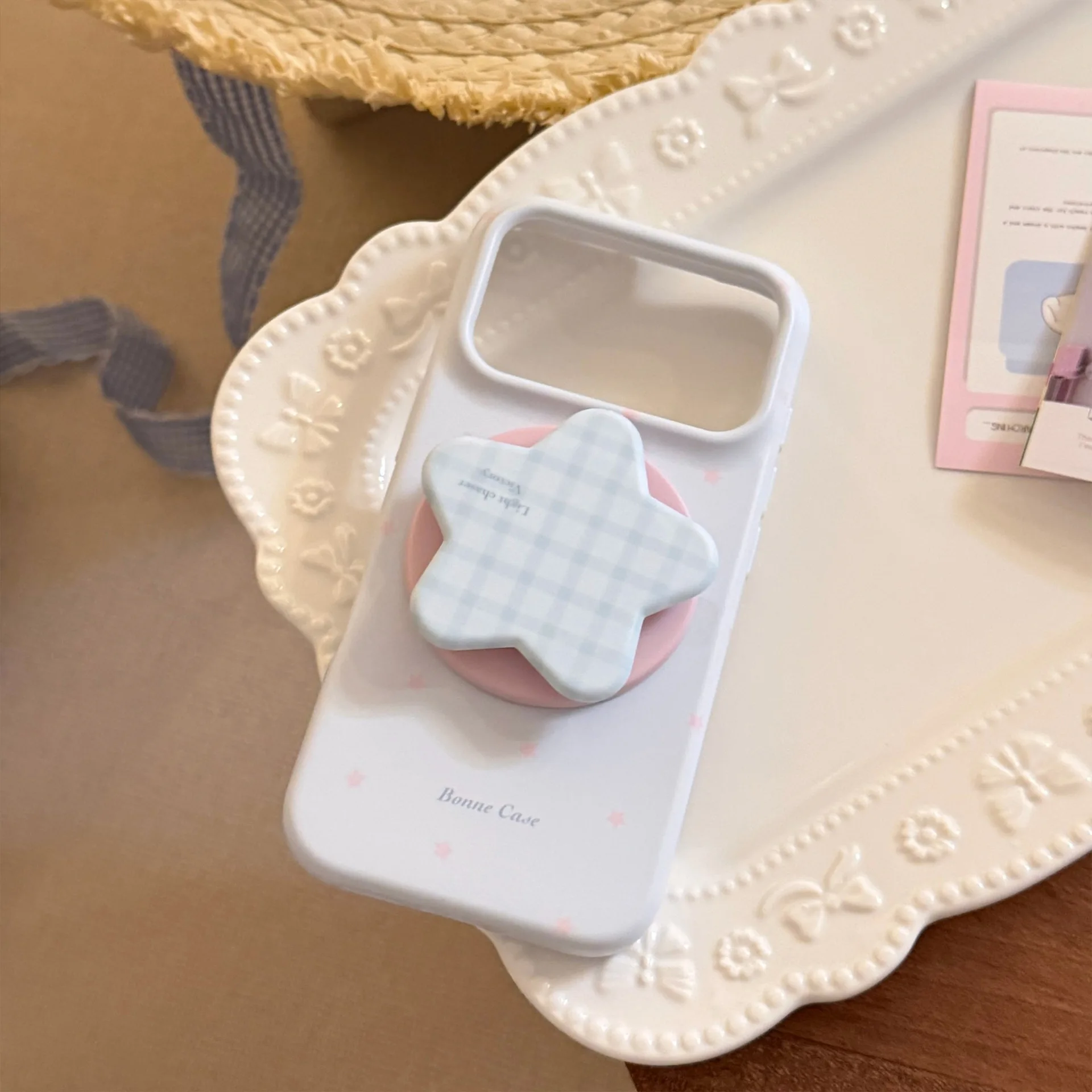 Korean Blue Grid Pattern Stars Magnetic Bracket Phone Case - Shockproof Protective Soft Cover