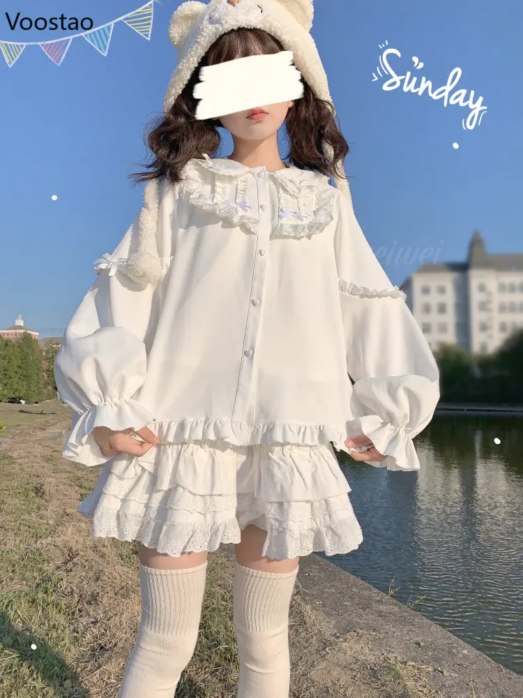 Ragazze Giapponesi Sweet Lolita Camicette Cute Bow Ruffles Rabbit Ear Peter Pan Collar Camicia A Maniche Lunghe Donna Kawaii Abbigliamento Per Student