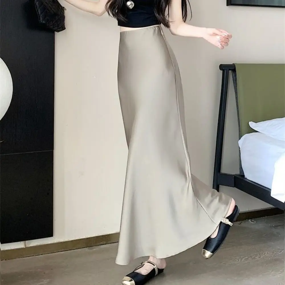 Basic Summer Satin Silk Long Skirt High Waist Half Body Dress High Waisted Skirts Slim Fit A Line Midi Skirt Social
