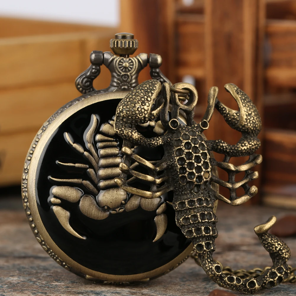 

Steampunk Black Bronze Pocket Watch Scorpion Accessory Pendant Chain Necklace Pocket Clock Men Women Quartz Analog Dial