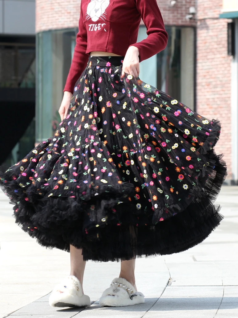 TIYIHAILEY Mesh Women Skirt Autumn Spring Long Mid-calf Ball