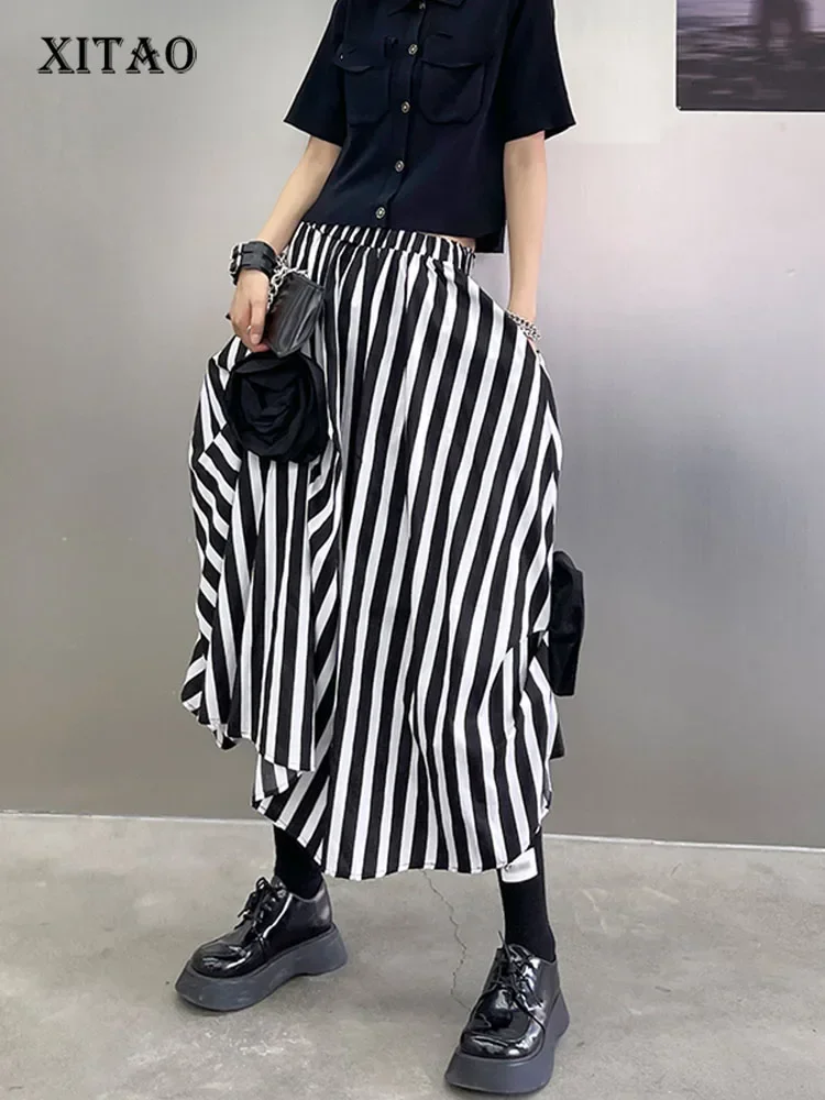 

XITAO Striped Skirt Fashion Women Leopard Floral Patchwork Small Fresh Elastic Waist 2024 Summer Minority Loose Skirt ZXR1515