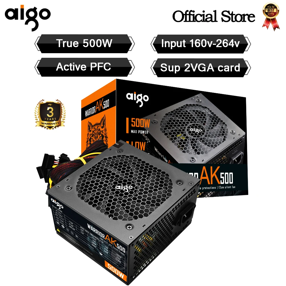 Aigo AK 500W PC PSU Power Supply unit Black Gaming Quiet 120mm rgb Fan 24pin 12V ATX Desktop computer Power Supply for BTC