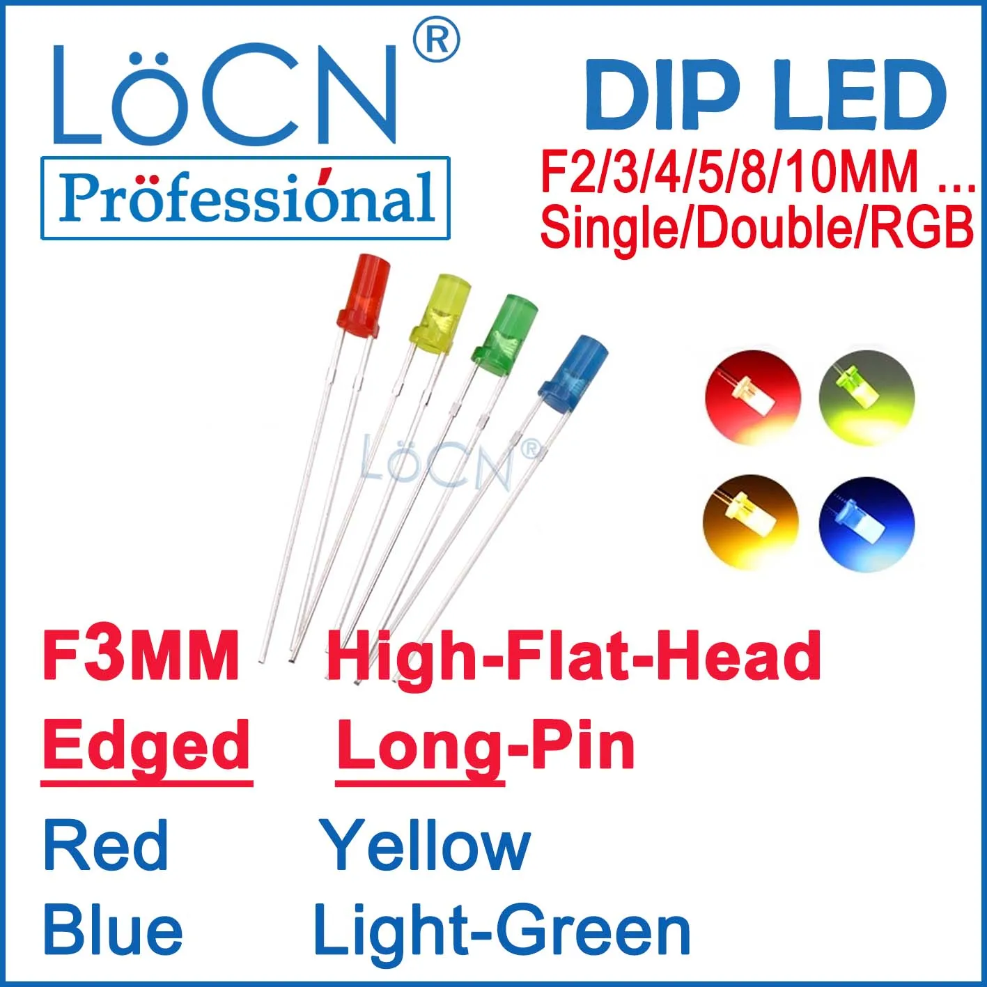

LoCN 1000pcs погружной светодиодный Диоды 3MM F3 High Flat Head Top with edge Red Blue Yellow светильник Green Long Pins Show Colors pilot lamp