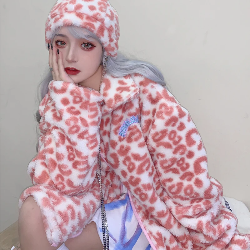 

Женская зимняя куртка из искусственного меха, шерстяная теплая Женская куртка, милые куртки с капюшоном и леопардовым принтом, пальто большого размера для девушек