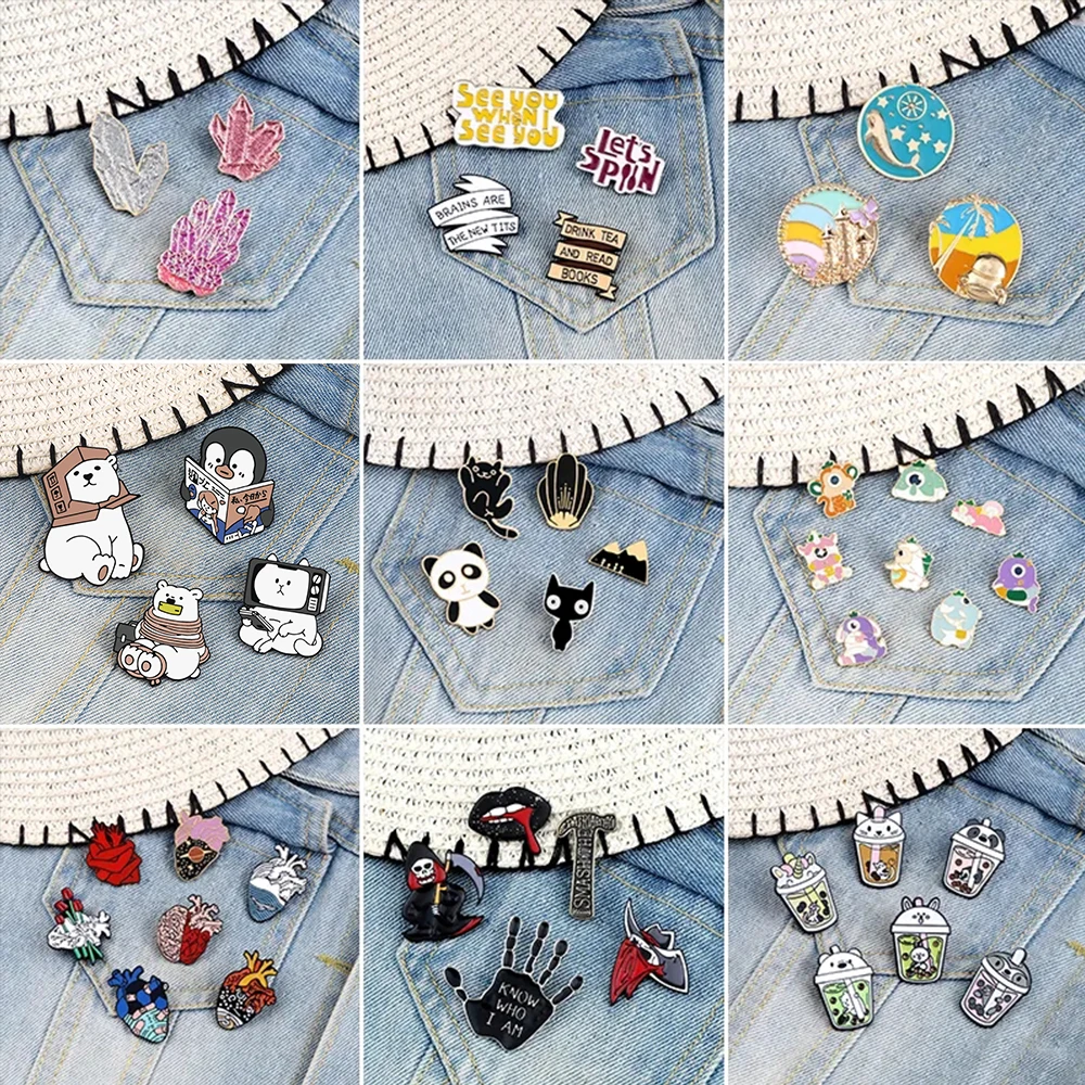 3-8 Pcs Cartoon Heart Metal Smalto Pins Set Death Scythe Skeleton Spille Panda Cats One-Eyed Monster Badge Slogan Pin Jewelry