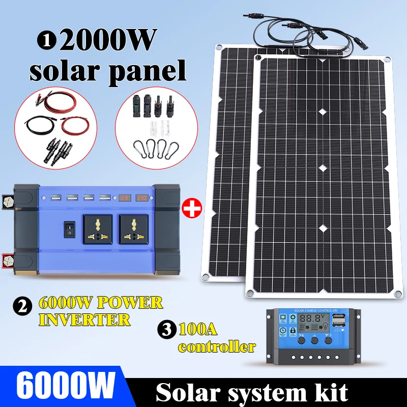 ชุดแผงโซลาร์เซลล์ 6000W : เอาต์พุต 110V/220V + เครื่องชาร์จแบตเตอรี่ 12V 24V และอินเวอร์เตอร์ 6000W สําหรับบ้าน/RV/แคมป์ปิ้ง (ระบบที่สมบูรณ์) 1