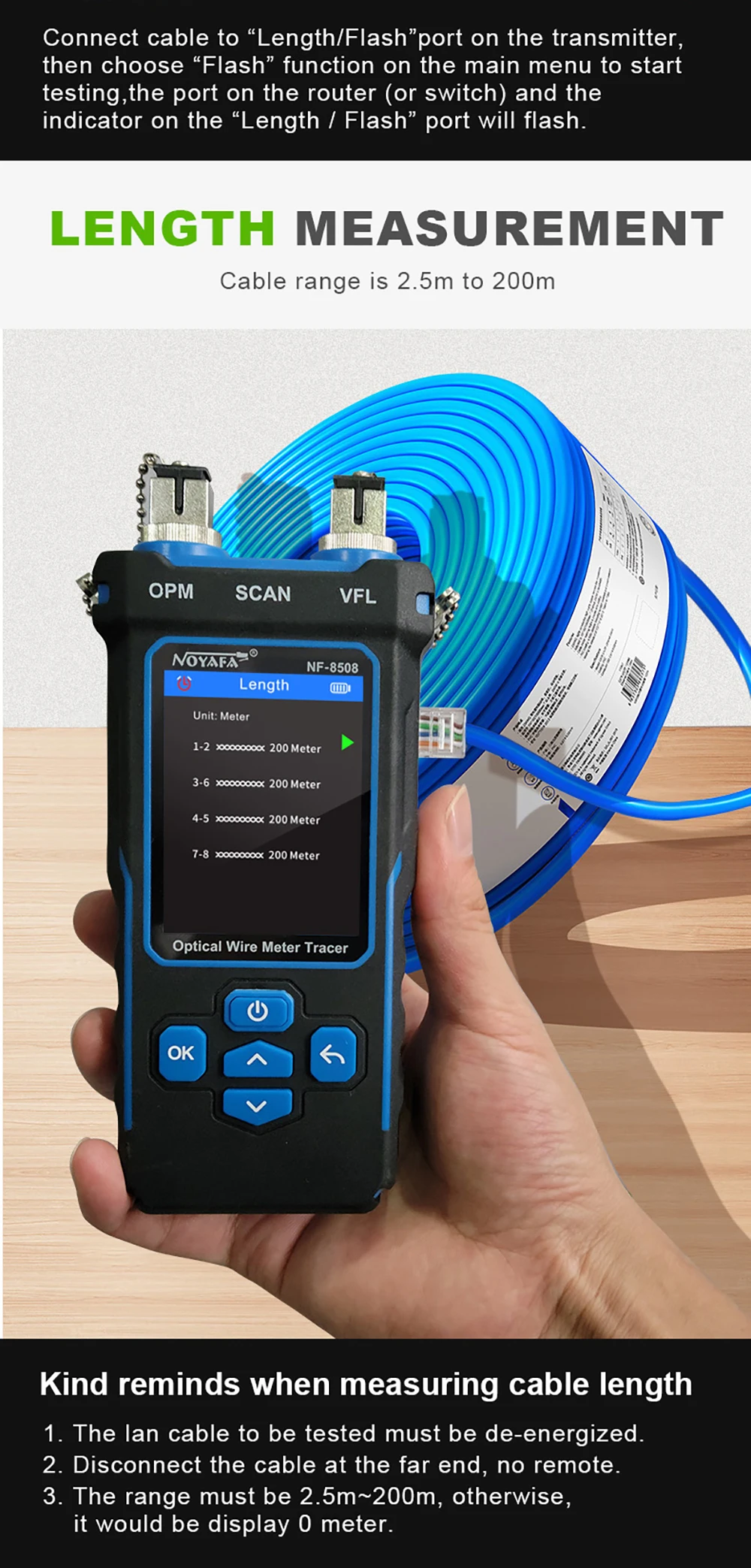 NOYAFA NF-8508 Kabel-Tracker-Tester, LCD-Display, Länge messen, Wiremap-Tester, PoE-Checker, optischer Leistungsmesser, Netzwerk-Tools – Detail 6