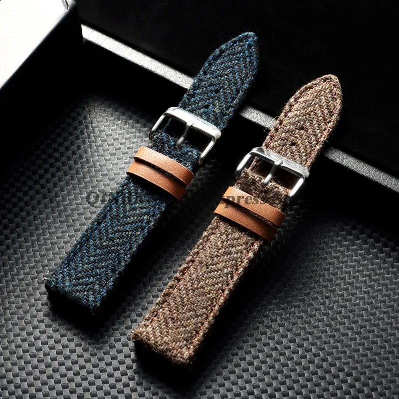 Vintage Leather Tweed Nylon Watchband Strap - Unisex Replacement Wristband with Tweed Fabric Accent