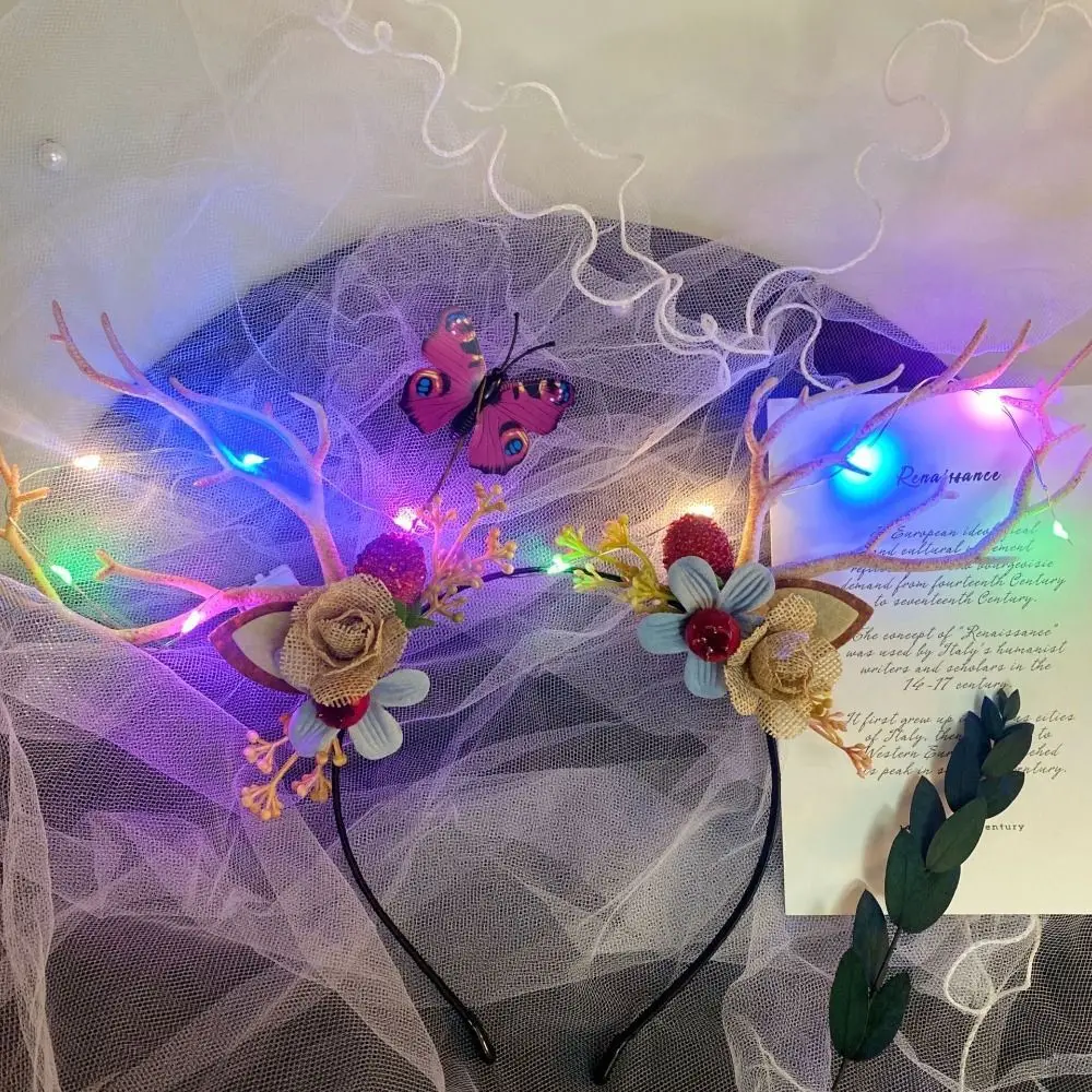 

LED light Deer Horn Butterfly Flower Cosplay Elk Christmas Antler Headbands Women Luminous Hair Hoops Korean Style Hairbands