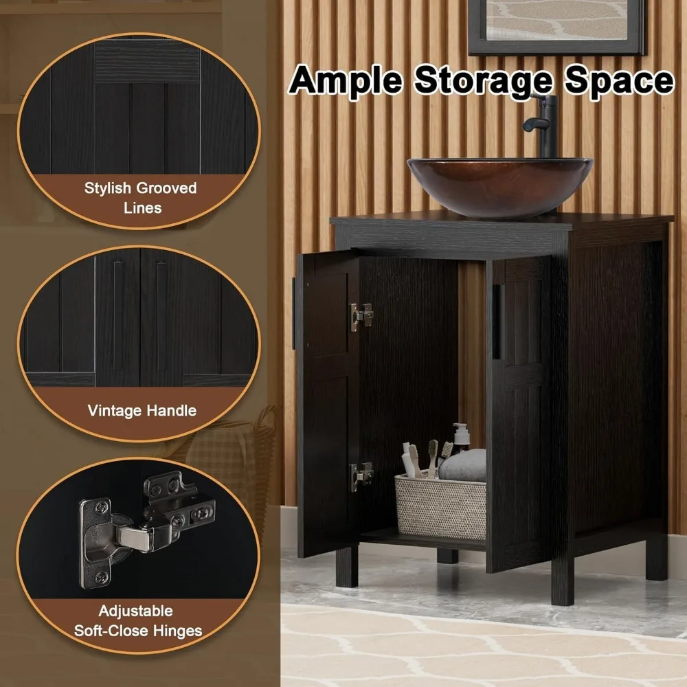 24" Black Bathroom Vanity with Sink Combo,Modern Vanity with Vessel Sink,Stylish Bathroom Cabinet,Grooved Doors