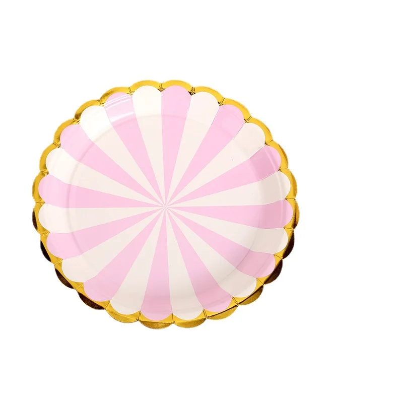 Blue Pink Disposable Paper Tableware Christmas Party Hot Gold Striped Paper Plate Set Decoration Supplies צלחות חד פעמי יפני종이그릇