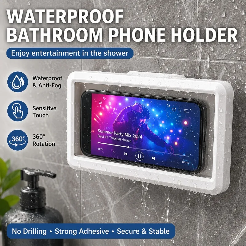 Waterproof 360° Rotating Touch Screen Phone Holder - Anti-Fog Wall Mount Shower Stand