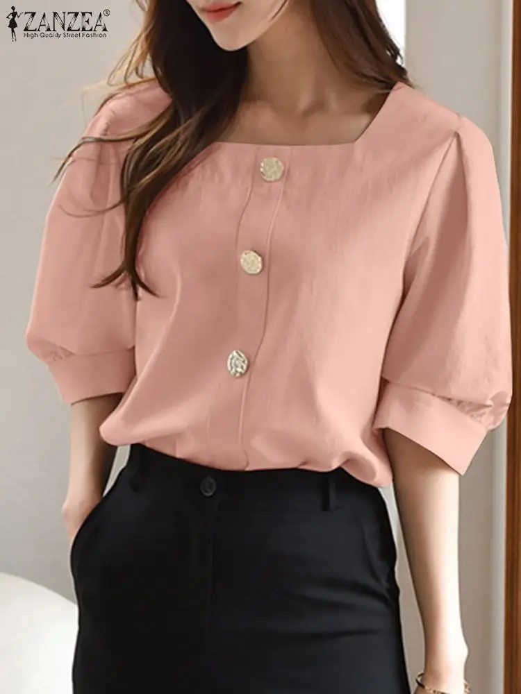 

2023 ZANZEA Summer Elegant Blouse Women Square Neck Holiday Shirt Half Sleeeve Solid Tunic Tops Fashion Casual Party Work Blusas